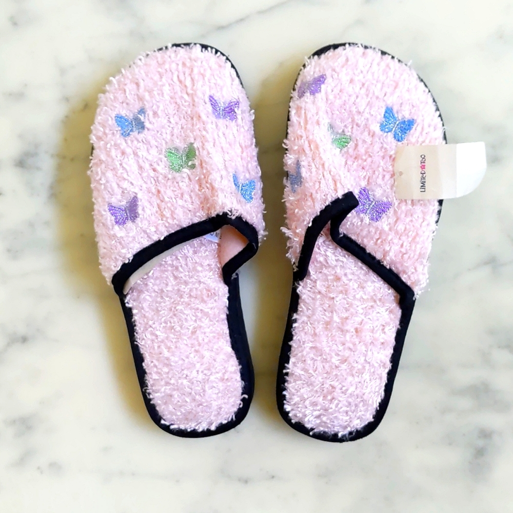 NWT. Limited Too Blue Fluffy Slipper with multi color embroidered butterflies.